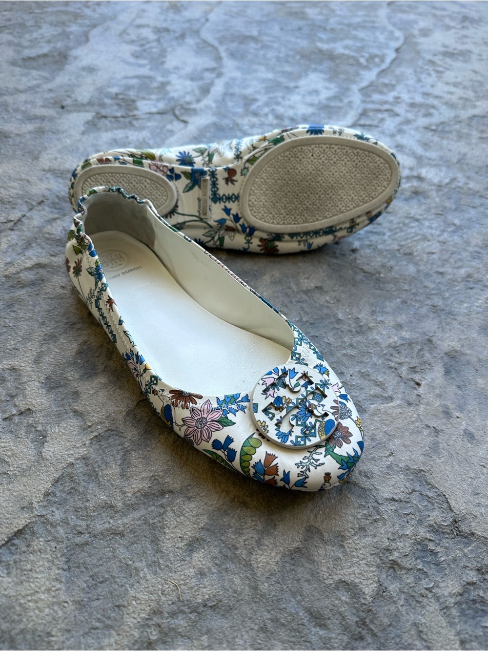 Tory Burch Minnie Travel Floral (Ivory/Meadowsweet) Ballet Flat Women’s Size 8.5
